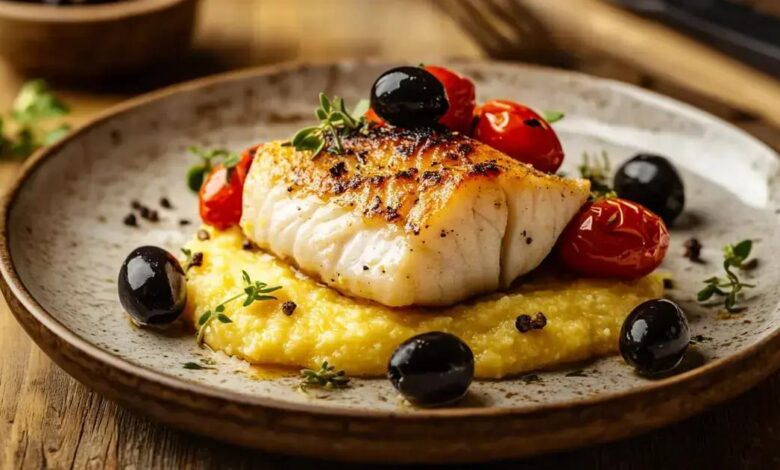 Bacalhau com tomates, azeitonas e polenta