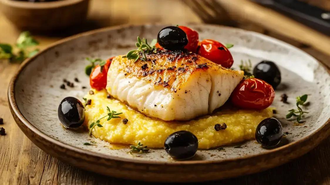 Bacalhau com tomates, azeitonas e polenta