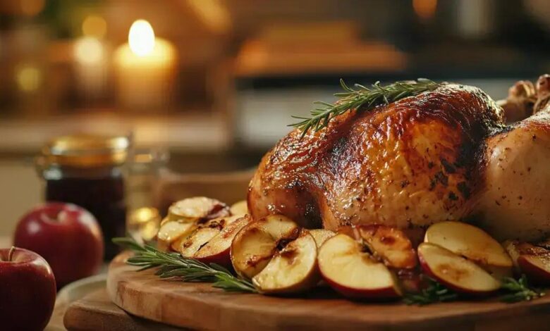 Frango assado com maçãs e alecrim