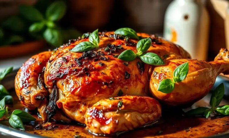 Frango assado no forno com infusão de manjericão