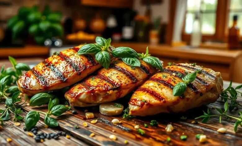 frango grelhado marinado com manjericão