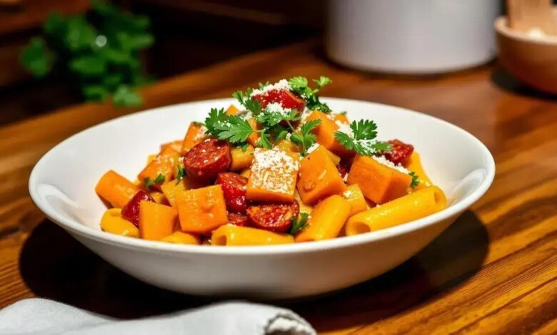 massa com abóbora cabotiá e chorizo
