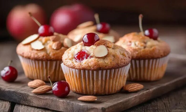 Muffins de maçã, cereja, pera e amêndoas