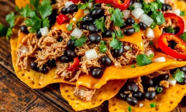 Nachos com carne de porco desfiada