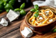Penne com queijo de cabra e manjericão