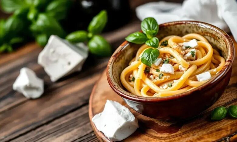 Penne com queijo de cabra e manjericão