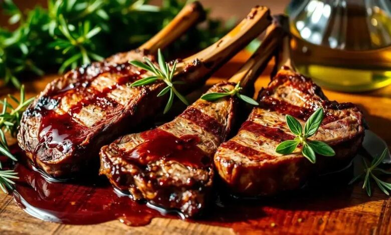 Costeletas de cordeiro marinadas no vinagre balsâmico