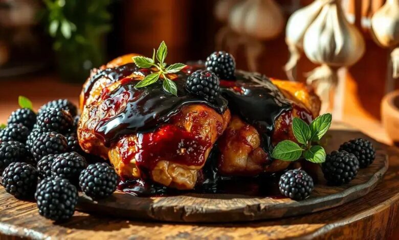 Coxas de frango com molho de amora e balsâmico