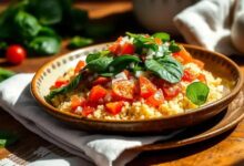 Cuscuz de espinafre, tomate e cebola