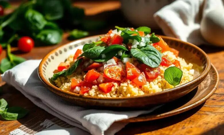 Cuscuz de espinafre, tomate e cebola
