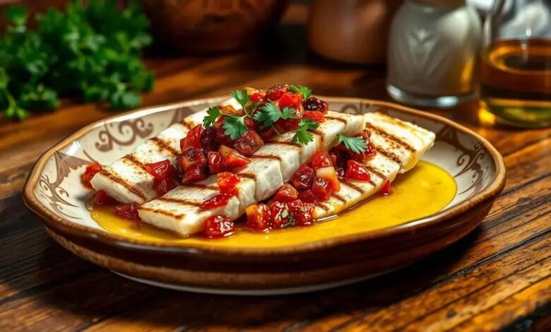 Peixe grelhado com relish de tomate seco