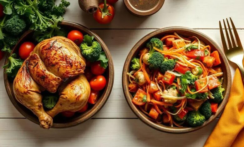 Salada de frango com brócolis assados