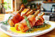 Coxas de frango envolvidas em presunto