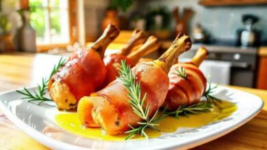 Coxas de frango envolvidas em presunto