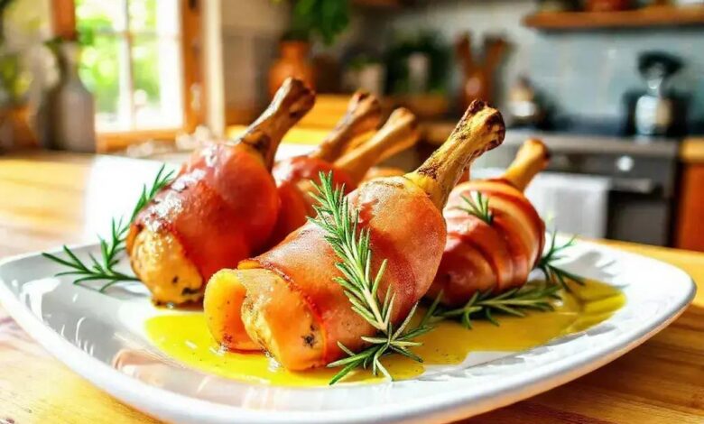 Coxas de frango envolvidas em presunto