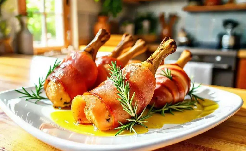 Coxas de frango envolvidas em presunto
