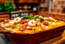 Macarrão gratinado com presunto, camarão e queijo
