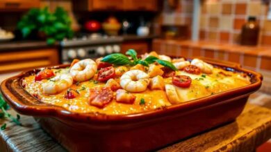 Macarrão gratinado com presunto, camarão e queijo