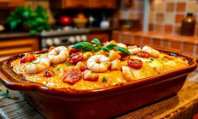 Macarrão gratinado com presunto, camarão e queijo