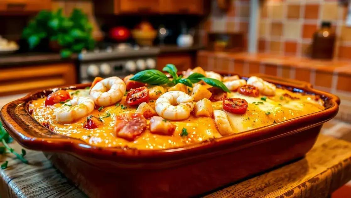 Macarrão gratinado com presunto, camarão e queijo