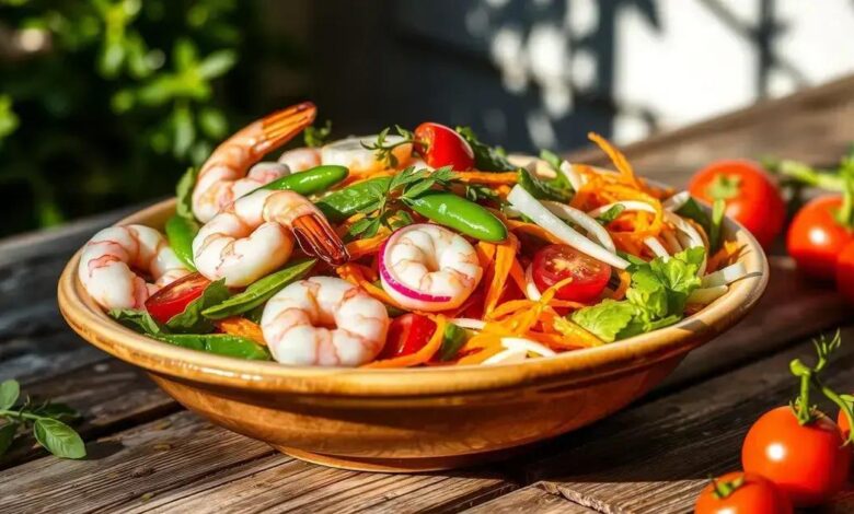 Salada de camarão, ervilha e nabo
