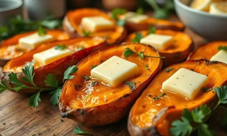 Batatas-doces assadas com manteiga