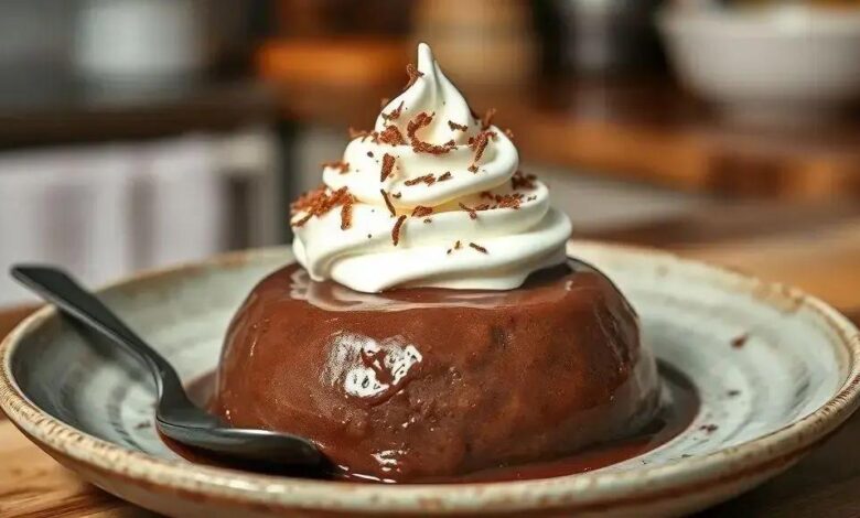 Pudim de chocolate cremoso com chantilly de coco