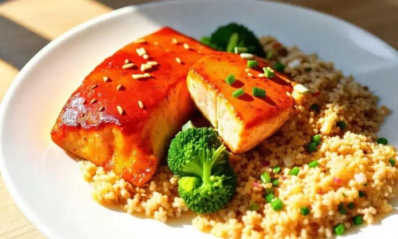 salmão doce e defumado com arroz