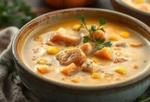 Sopa cremosa de salmão, abóbora e milho