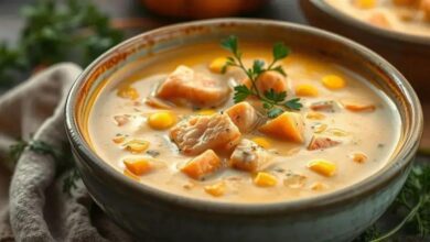 Sopa cremosa de salmão, abóbora e milho