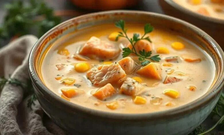 Sopa cremosa de salmão, abóbora e milho